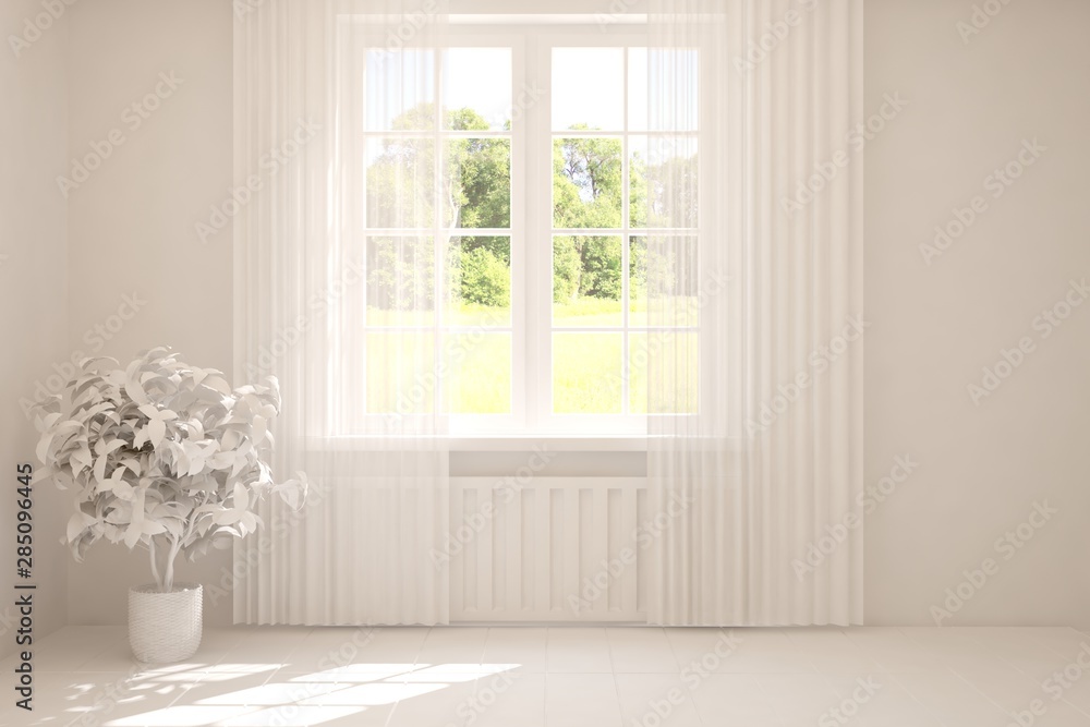 Fototapeta premium Stylish empty room in white color with summer landscape in window. Scandinavian interior design. 3D illustration