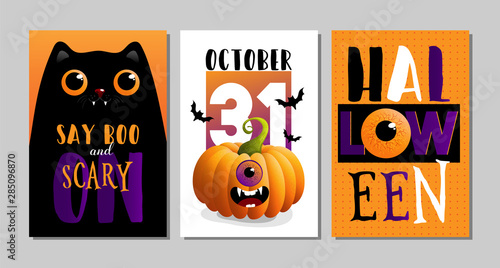 Vector illustrations with black cat. Halloween poster designs with symbols and calligraphy. Funny halloween cards set