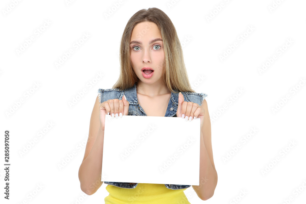 Beautiful young woman holding blank board on white background Beautiful young woman holding blank board on white background
