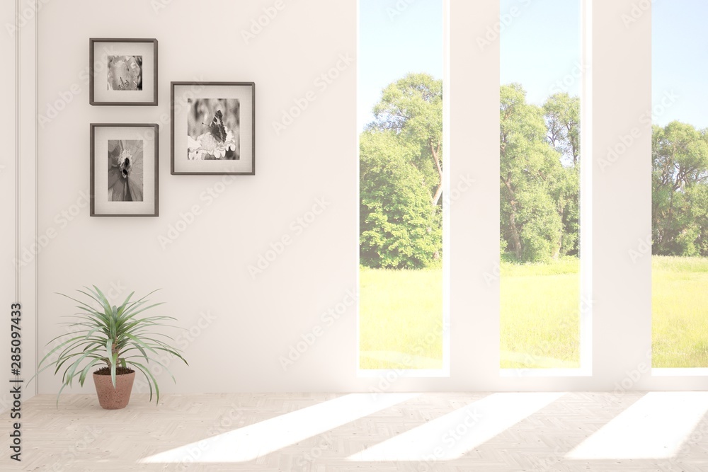 Fototapeta premium Stylish empty room in white color with summer landscape in window. Scandinavian interior design. 3D illustration