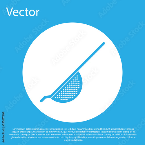Blue Kitchen colander icon isolated on blue background. Cooking utensil. Cutlery sign. White circle button. Vector Illustration