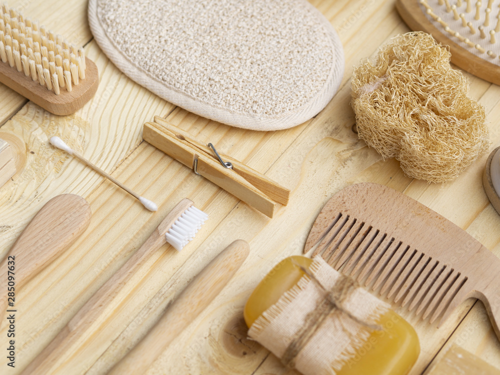 High angle arrangement with soap, sponge and wooden products High angle arrangement with soap, sponge and wooden products