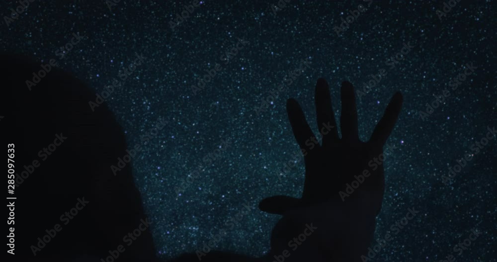 Slow motion close up of young woman silhouette is trying to touch the starry sky during the meteor shower in the silent night. Slow motion close up of young woman silhouette is trying to touch the starry sky during the meteor shower in the silent night.