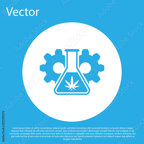 Blue Chemical test tube with marijuana or cannabis leaf icon isolated on blue background. Research concept. Laboratory CBD oil concept. White circle button. Vector Illustration
