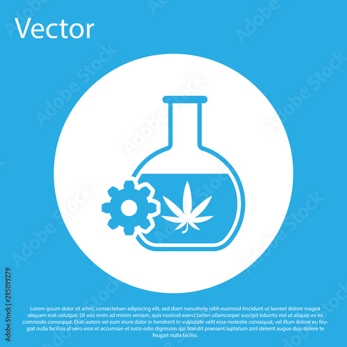 Blue Chemical test tube with marijuana or cannabis leaf icon isolated on blue background. Research concept. Laboratory CBD oil concept. White circle button. Vector Illustration