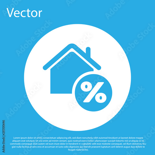 Blue House with percant discount tag icon isolated on blue background. House percentage sign price. Real estate home. Credit percentage symbol. White circle button. Vector Illustration