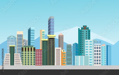Urban landscape street with city buildings  towers in background . Family houses in town . vector