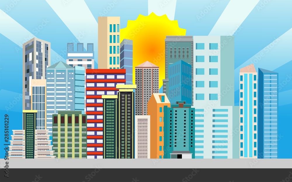 Urban landscape street with city buildings, towers in background . Family houses in town and sunrays and sun in the sky. vector