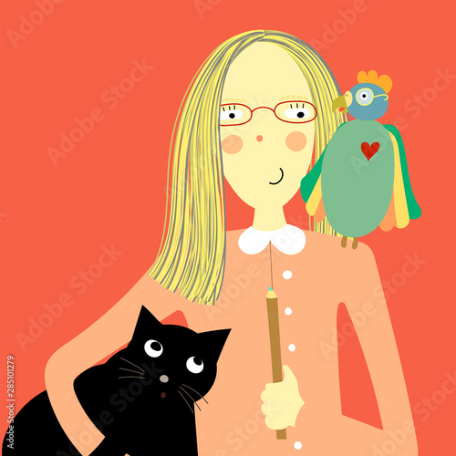 Cartoon illustration of funny girl in glasses with pets. Childish print for nursery,  apparel, poster, postcard and child's room, t-short and ect.