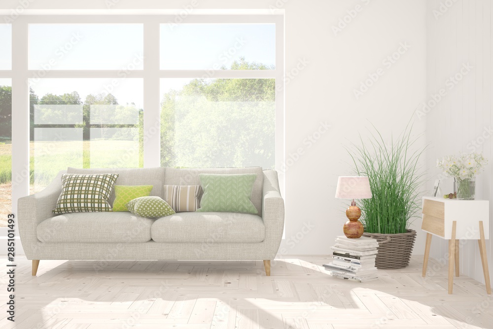 Stylish room in white color with sofa and summer landscape in window. Scandinavian interior design. 3D illustration Stylish room in white color with sofa and summer landscape in window. Scandinavian interior design. 3D illustration