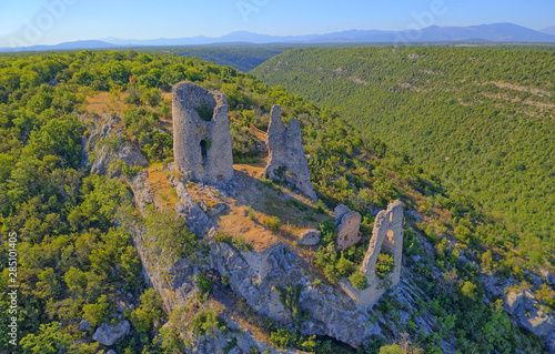 Trosenj fortress remains on the west side of mountain Promina in Croatia  aerial