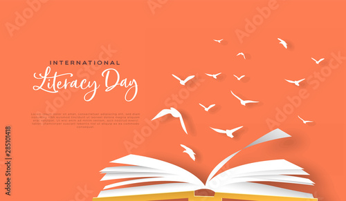Literacy day papercut card open book birds flying
