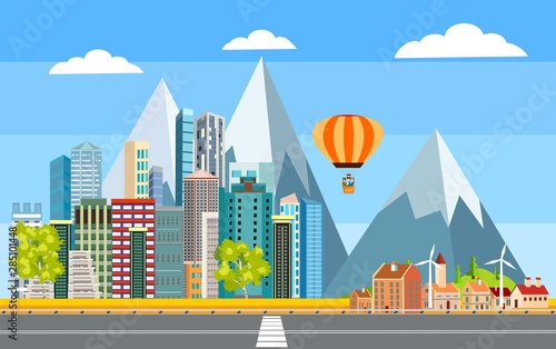 Urban landscape, highway with automobils, city buildings, towers . Family houses in town and clouds in the sky. Flat background, vector