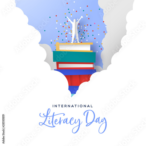 Literacy Day card man in papercut book mountain