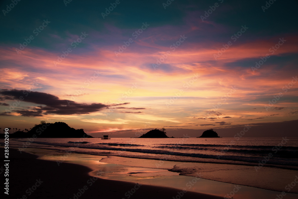 Colorful tropical sunset in the Philippines. Palawan Island