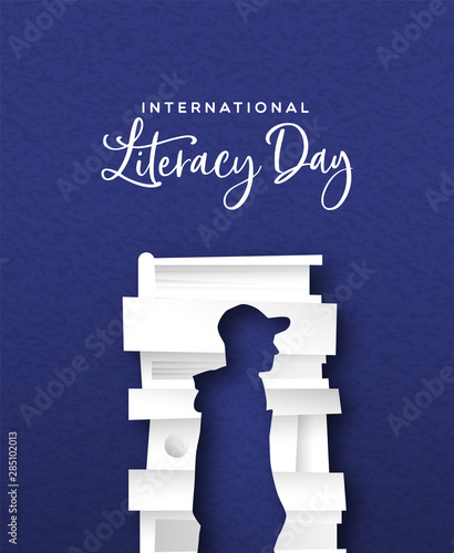 Literacy Day card papercut man silhouette in books
