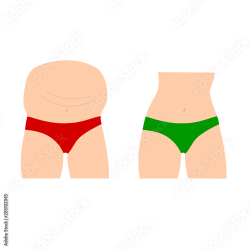 fat and slim woman body transformation. Slimming vector. woman body with pants.