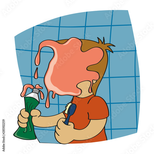 Boy, child brushing his teeth with an exploded toothpaste tube in one hand, a brush teeth in the other and toothpaste on his face. Cartoon style vector illustration.
