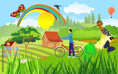 Concept countryside, rural theme vector illustration. Man with bycycle in the village