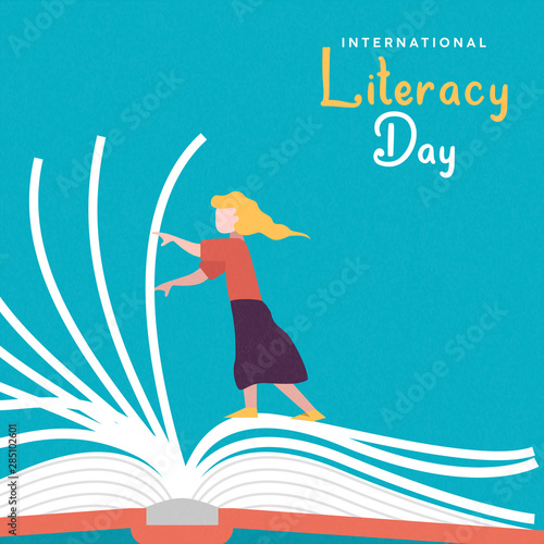 Literacy Day card girl turning open book pages