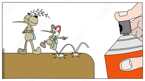 Cute mosquito warning to another of the danger while a hand holds an insecticide near them. Cartoon style vector illustration.