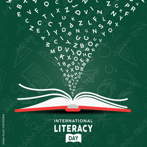 Literacy Day card concept open book and alphabet