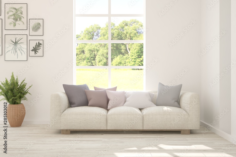 Fototapeta premium Stylish room in white color with sofa and summer landscape in window. Scandinavian interior design. 3D illustration