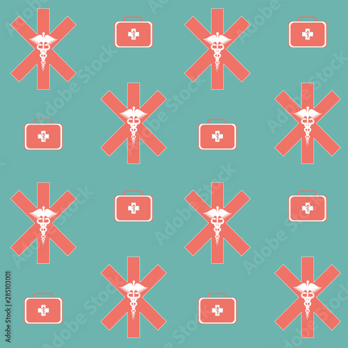 Medical pattern - first aid briefcase, cross and caduceus pharmacology symbol - green background - vector