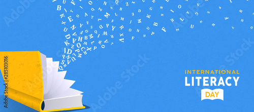 Literacy Day card concept open book and alphabet