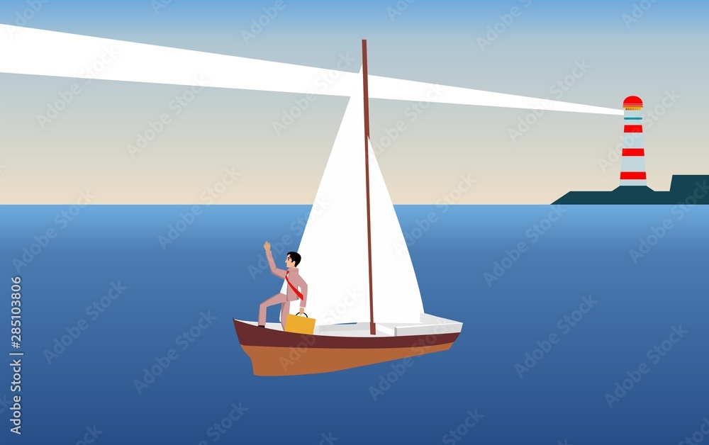 Busines concept illustration, man in boatin the sea to demonstrate ashievment and success, vector illustration