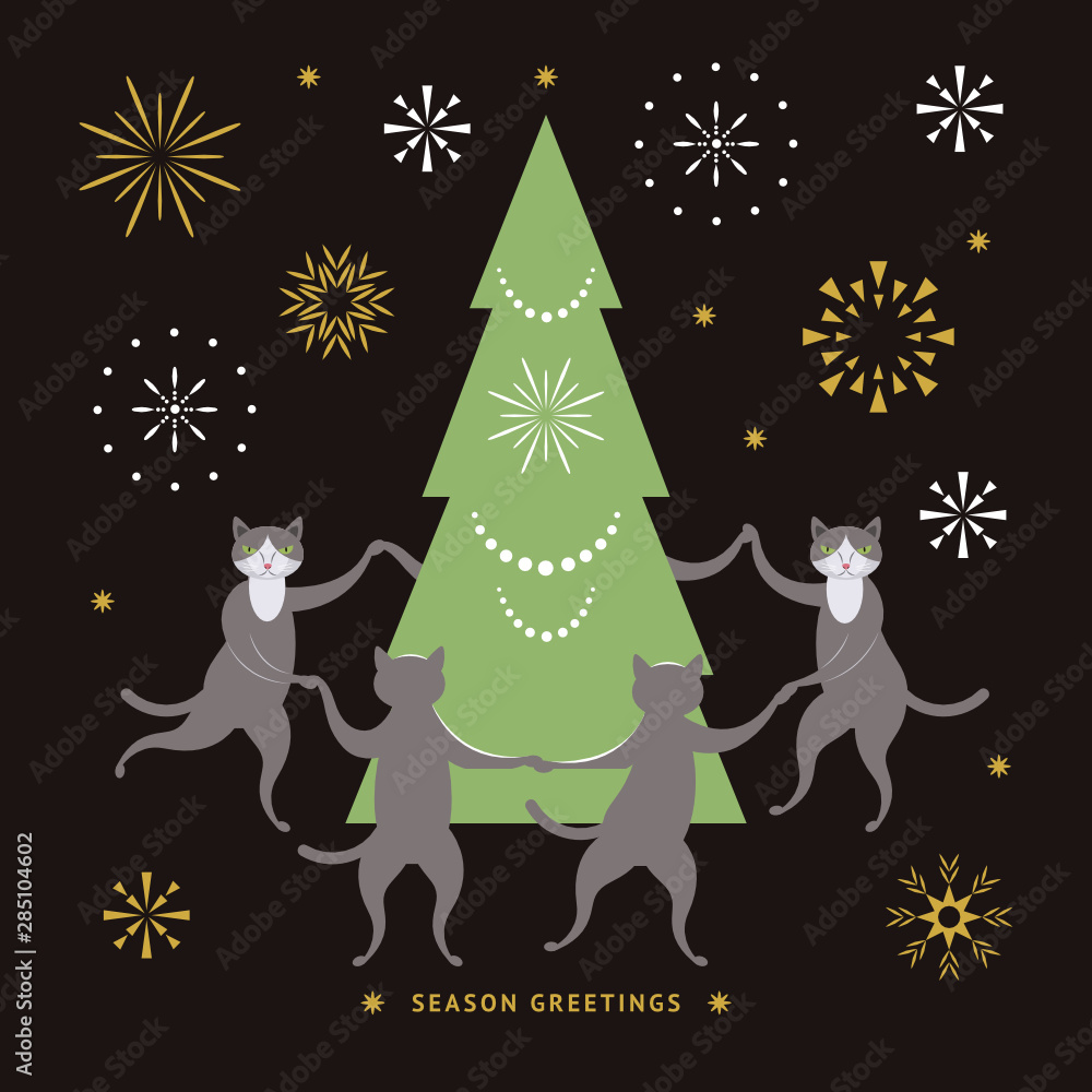 Cats dance around the Christmas tree, illustration for greeting card, banner, poster Cats dance around the Christmas tree, illustration for greeting card, banner, poster