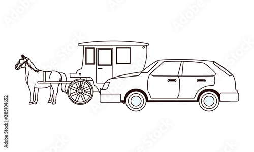 cars and horse carriages vehicles in black and white