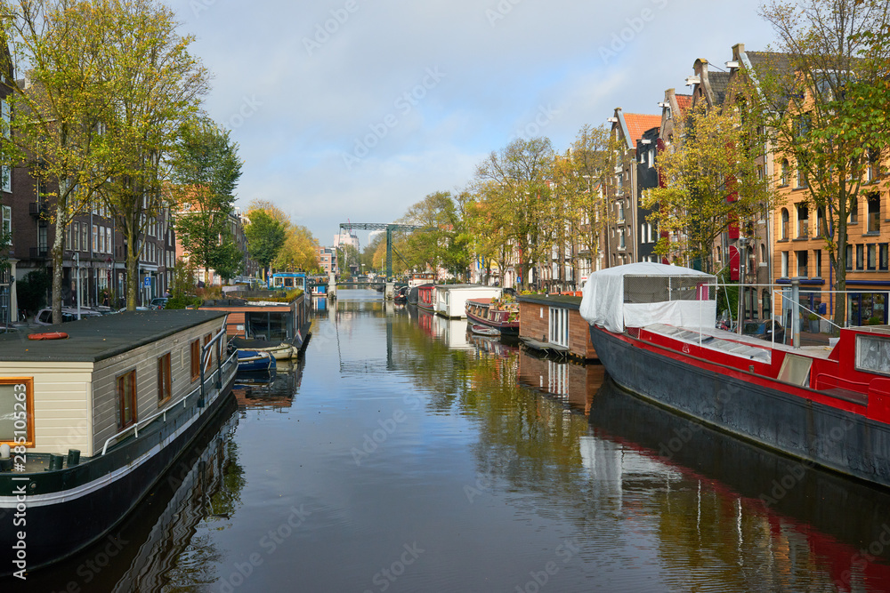 Amsterdam. View of the canal in the autumn day.