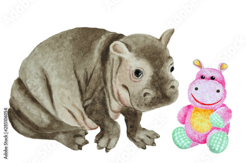 Baby hippo and toy hippopotamus on a white background  hand drawn watercolor.