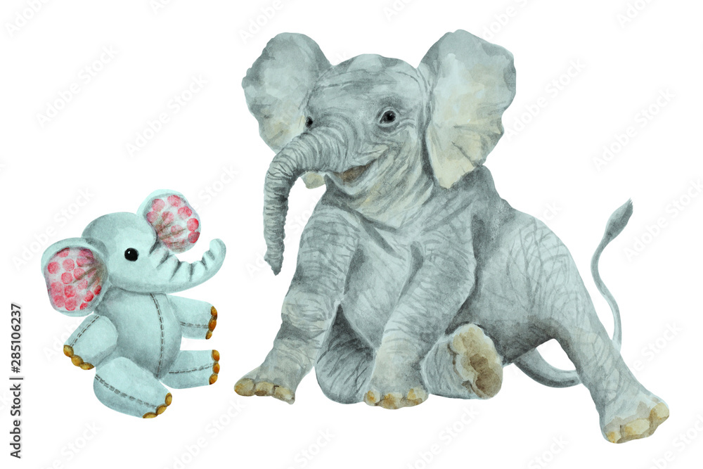 Baby elephant and little toy elephant on a white background, hand drawn watercolor. Baby elephant and little toy elephant on a white background, hand drawn watercolor.