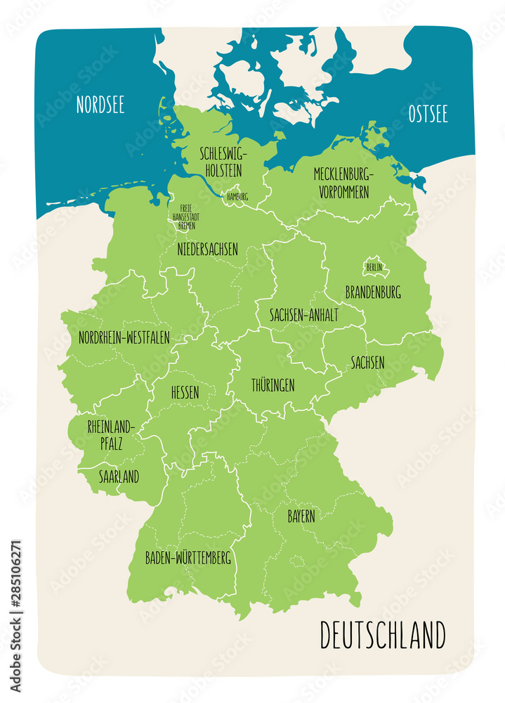 Fototapeta premium Illustrated map of Germany with labels. Vector, hand drawn style. Green color