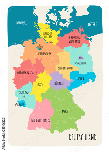 Illustrated map of Germany with labels. Vector, colorful hand drawn style.