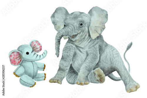 Baby elephant and little toy elephant on a white background  hand drawn watercolor.