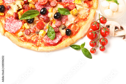 Delicious pizza and ingredients isolated on white background
