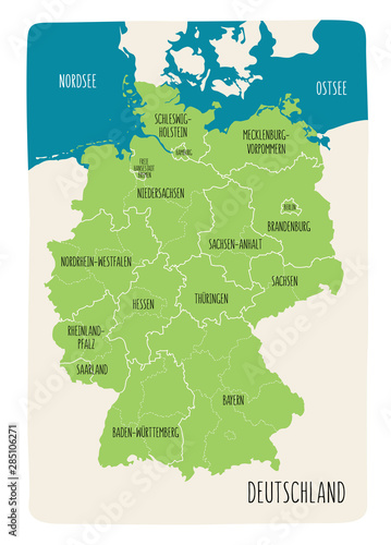 Illustrated map of Germany with labels. Vector, hand drawn style. Green color
