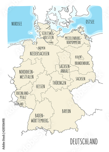 Illustrated map of Germany with labels. Vector, hand drawn style