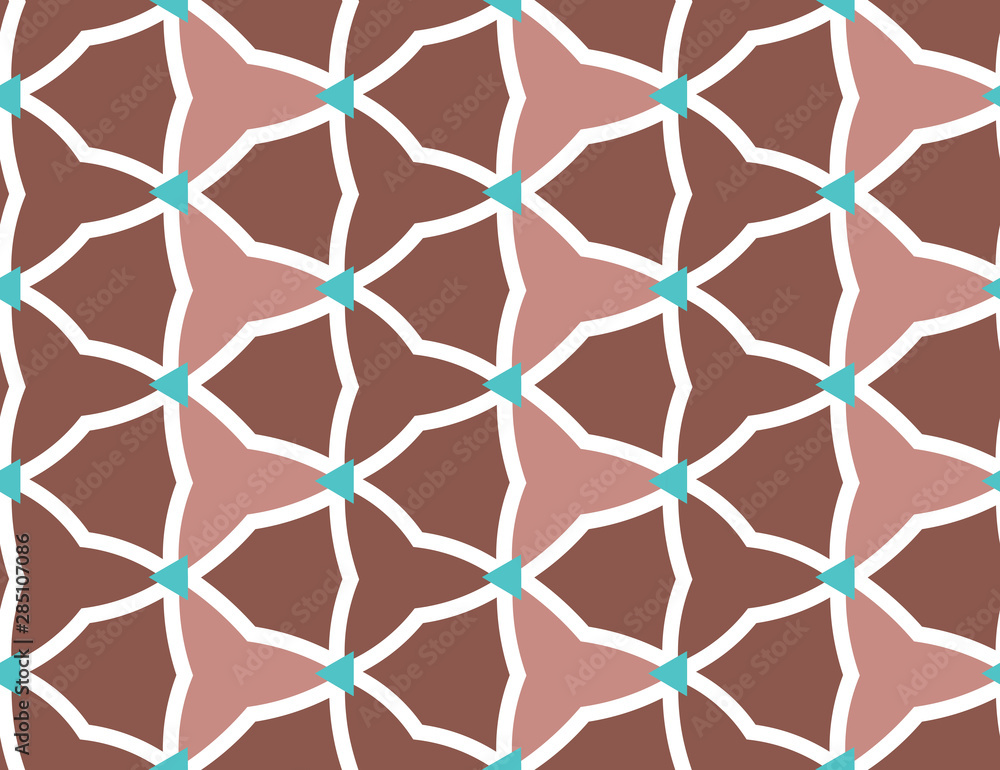 Fototapeta premium Vector seamless geometric pattern. Shaped white barbed wires, turquoise triangles in brown background.