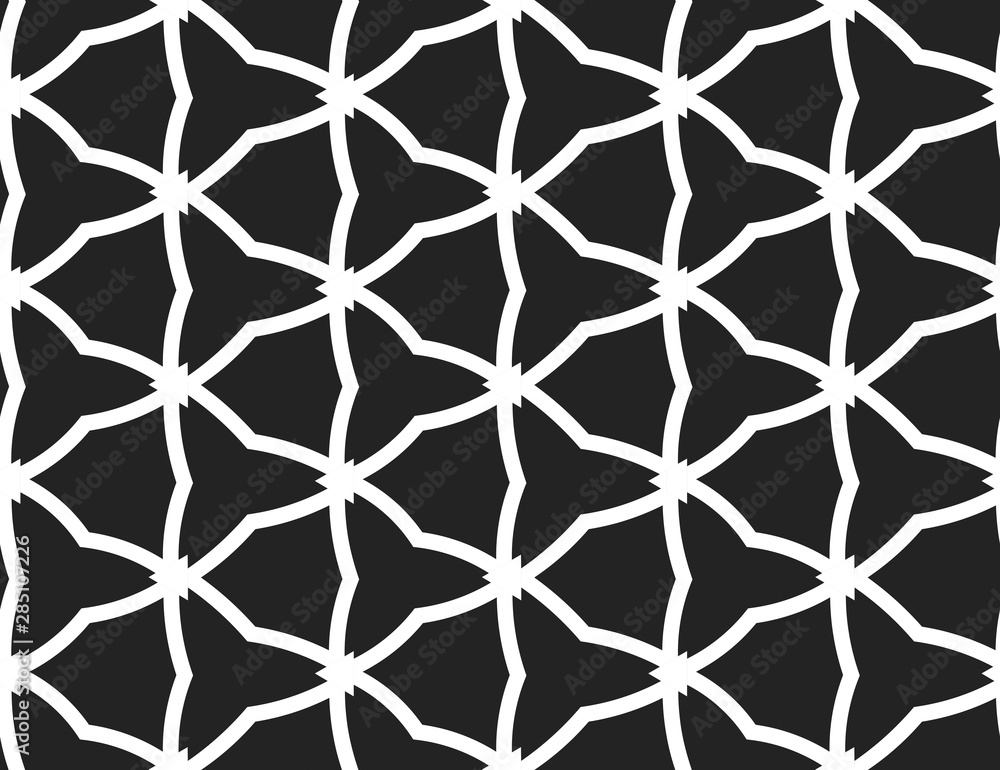 Vector seamless geometric pattern. Shaped white barbed wires and triangles, black background. Vector seamless geometric pattern. Shaped white barbed wires and triangles, black background.