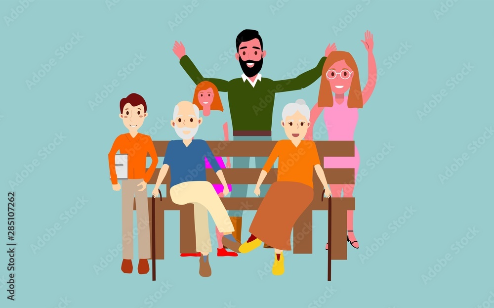 Family sitting on the bench, father mother, grandmother, grandfather, child, doughter, characters vector. Family sitting on the bench, father mother, grandmother, grandfather, child, doughter, characters vector.