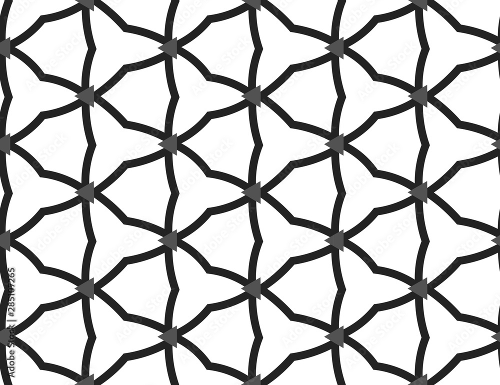 Fototapeta premium Vector seamless geometric pattern. Shaped black barbed wires, grey triangles in white background.