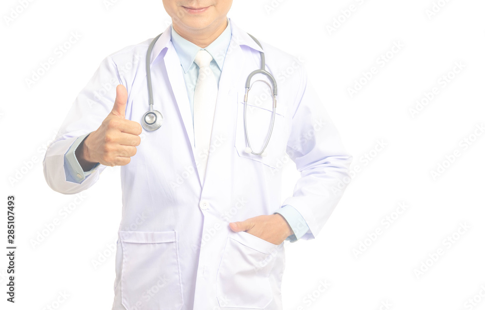 Portrait of confident smiling smart asian male medical doctor with stethoscope in white coat thumbs up on white background. Portrait of confident smiling smart asian male medical doctor with stethoscope in white coat thumbs up on white background.