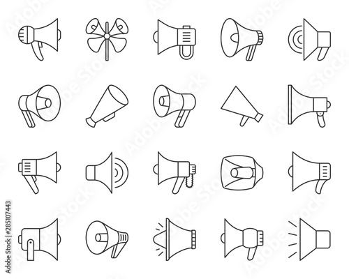Megaphone simple black line icons vector set