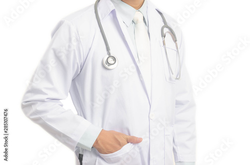 Portrait of confident smart asian male medical doctor with stethoscope in white coat on white background