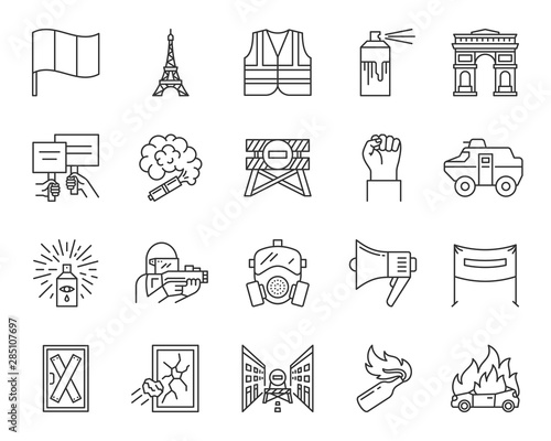 France Paris simple black line icons vector set