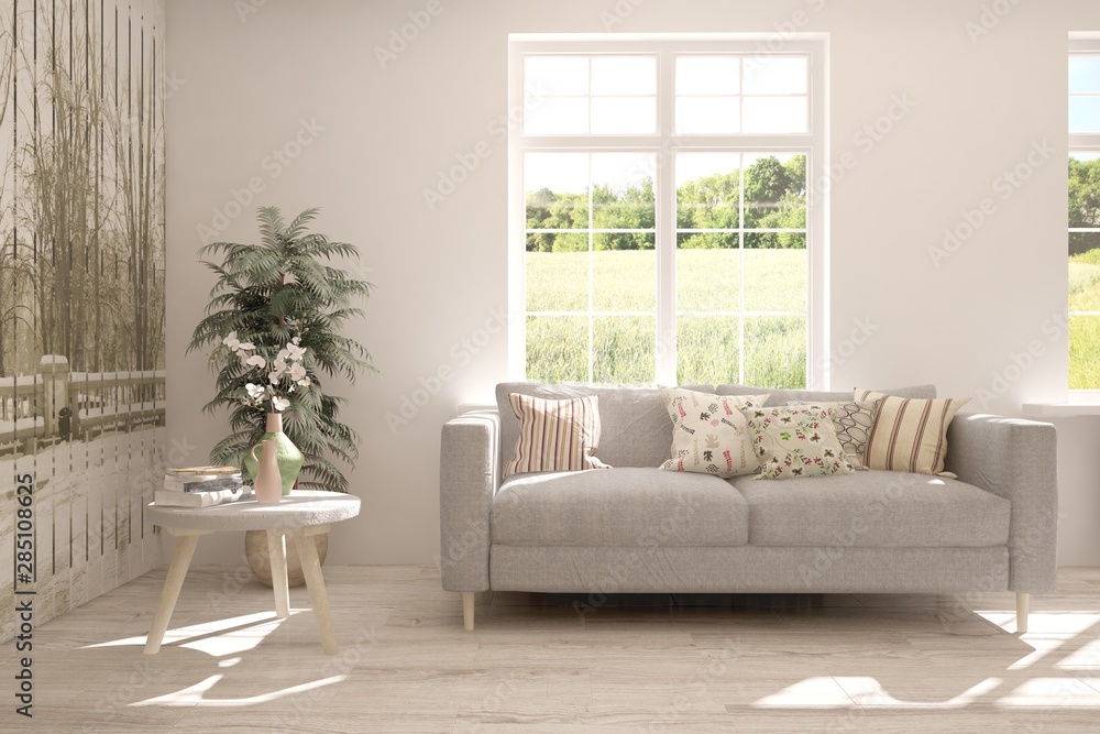 Stylish room in white color with sofa and summer landscape in window. Scandinavian interior design. 3D illustration Stylish room in white color with sofa and summer landscape in window. Scandinavian interior design. 3D illustration